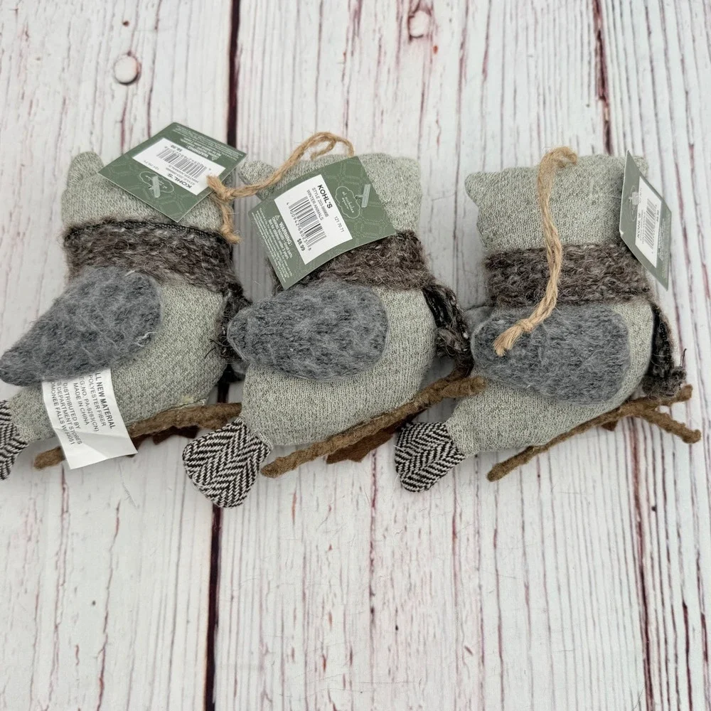 St Nicholas Square Winter White Owl Ornaments Set of 3 Grey Knit Fabric